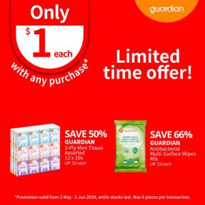 Grab Guardian's $1 Deals with Any Purchase - May 2 to June 5, 2024!