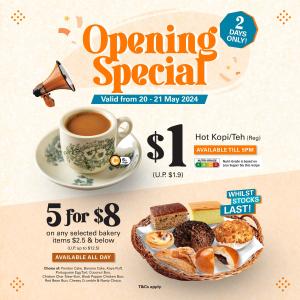 Heavenly Wang Sun Plaza Grand Opening: $1 Hot Kopi or Teh & Bakery Deals from 20-21 May 2024