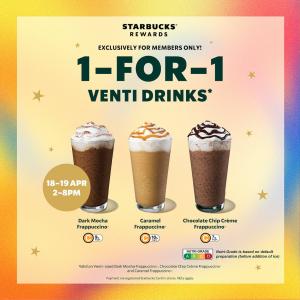 Starbucks 1-For-1 Venti Drinks for Members (18-19 Apr 2024)