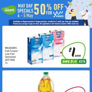 Giant May Day Specials: 50% OFF for Yuu Members on Meadows Milk & Giant Vegetable Oil (May 4-5, 2024)