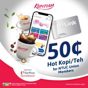 Enjoy 50-Cent Hot Kopi/Teh at Kopitiam for NTUC Union Members - Until June 30, 2024