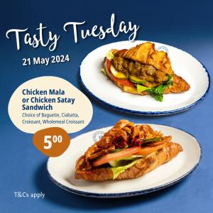 Delifrance Tasty Tuesday: Enjoy Chicken Mala or Chicken Satay Sandwich for $5 on 21 May 2024