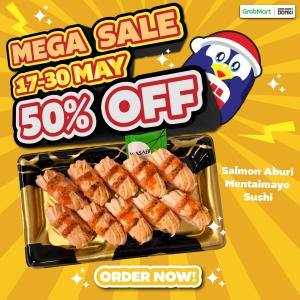 DONKI Mega Sale: 50% OFF Salmon Aburi Mentaimayo Sushi on GrabMart from 17-30 May 2024